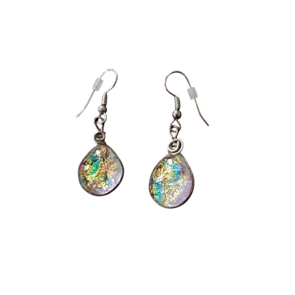 Handmade Dichroic Art Glass Teardrop Earrings Iridescent Gold Blue Green Drop